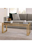 Modern Gold Renk 2’li Metal İskeletli Temper Camlı Zigon Orta Sehpa