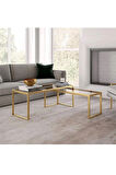 Modern Gold Renk 2’li Metal İskeletli Temper Camlı Zigon Orta Sehpa