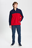 Erkek Lacivert-kırmızı Standart Fit Normal Kesim Günlük Rahat Çift Renkli Polar Spor Sweatshirt