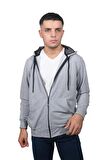 Erkek Basic Fermuarlı Kapüşonlu Gri Sweatshirt-3