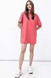 Nike Sportswear Organic Cotton Short Sleve Dress Nakış Swooslu Elbise Koyu Pembe
