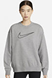 Nike Training Plus Essential Get Fit Dri Fit Graphic Crew Grey Oversized Bol Kesim Kadın Sweatshirt Gri