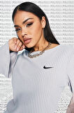 Nike Rib Jersey Long Sleeve Top White Kadın Fitilli Sweatshirt Açık Gri