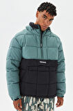Timberland Progressive Utility Pullover Puffer Erkek 1/2 Fermuarlı Kapüşonlu Şişme Mont Siyah-Yeşil