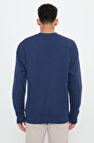 Erkek Lacivert Oversize Bol Kesim 3 Iplik Bisiklet Yaka Pamuklu Sweatshirt
