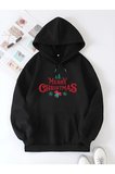 Yılbaşı Merry Christmas Baskılı Oversize Kapüşonlu Sweatshirt Hoodie - Siyah