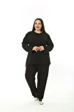Kadın Büyük Beden Düz Siyah İkiiplik Cepli Uzun Kol Eşofman Takımı