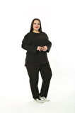 Kadın Büyük Beden Düz Siyah İkiiplik Cepli Uzun Kol Eşofman Takımı