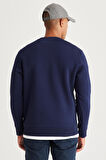Erkek Lacivert Standart Fit Normal Kesim Içi Polarlı 3 Iplik Bisiklet Yaka Pamuklu Sweatshirt
