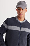 Erkek Indigo Melanj Oversize Fit Bol Kesim Içi Polarlı 3 Iplik Kolej Yaka Pamuklu Sweatshirt Ceket