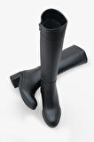 Kadın Diz Altı Yandan Fermuarlı Topuklu Günlük Çizme Micasso Siyah