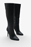 Kadın Sivri Burunlu Topuklu Yandan Fermuarlı Günlük Çizme Masi Siyah