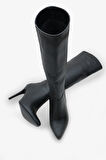 Kadın Sivri Burunlu Topuklu Yandan Fermuarlı Günlük Çizme Masi Siyah