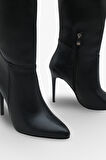 Kadın Sivri Burunlu Topuklu Yandan Fermuarlı Günlük Çizme Masi Siyah