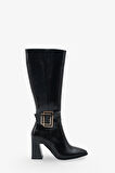  Kadın sivri Burun Yandan Fermuarlı Gold Kemer Tokalı Topuklu Çizme Slord Siyah