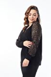 MODA ALBA SİYAH KOLU PULLU ESNEK BÜYÜK BEDEN TARZ ŞIK BLUZ