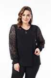 MODA ALBA SİYAH KOLU PULLU ESNEK BÜYÜK BEDEN TARZ ŞIK BLUZ