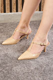Günlük Kadın İnce Topuklu Sivri Burun Çift Bantlı Arkası Açık Ayarlanabilir Toka Abiye Ayakkabı 023