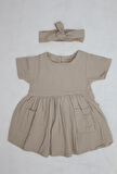 Bebek Muslin Çift Cepli Elbise ve Saç Bandı
