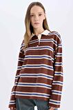DeFacto Coool Loose Fit Polo Yaka Çizgili Uzun Kollu Tişört E4915AX25SPBN319