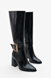  Kadın sivri Burun Yandan Fermuarlı Gold Kemer Tokalı Topuklu Çizme Slord Siyah