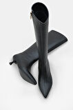 Kadın Sivri Burun Yandan Fermuarlı Topuklu Günlük Çizme Zery Siyah 