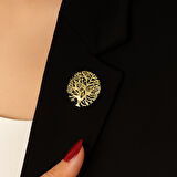 Hayat Ağacı Tasarımlı Yaka Broşu – Unisex, Altın Renk Çelik