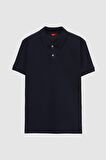 Regular Fit Lacivert Pike Dokulu %100 Pamuk Kıvrılmaz Polo Yaka Nakışlı T-shirt 4HC14ORT51000