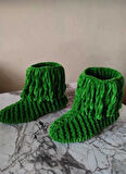 El örgüsü kadife ip yeşil püsküllü ev botu panduf