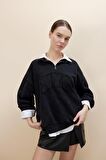 DeFacto Oversize Yarım Fermuarlı Baskılı Soluk Yıkama Efektli Kalın Sweatshirt C2014AX24SPBK81
