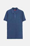 D'S Damat Regular Fit İndigo Pike Dokulu %100 Pamuk Kıvrılmaz Polo Yaka Nakışlı T-Shirt 4HC14ORT51000