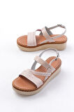 730-152 Bej Örgü Desenli Hakiki Deri Ortopedik Taban Kadın Sandalet 