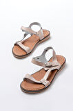 205-090 Bej Hakiki Deri Tokalı Kadın Sandalet  