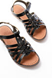 205-208 Siyah Hakiki Deri Ortopedik Taban Kadın Sandalet 