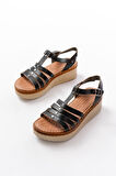 730-142 Siyah Hakiki Deri Ortopedik Taban Kadın Sandalet  