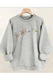 Çiçek Baskılıı Bisiklet Yaka İçi Polarlı Sweatshirt