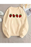 Çilek Baskılı Bisiklet Yaka İçi Polarlı Sweatshirt
