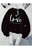 Love Yazı Baskılı Bisiklet Yaka İçi Polarlı Sweatshirt