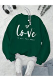 Love Yazı Baskılı Bisiklet Yaka İçi Polarlı Sweatshirt