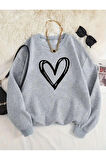 Kalp Baskılı Bisiklet Yaka İçi Polarlı Sweatshirt