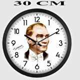 Dekoratif Duvar Saati Siyah Çerçeveli Atatürk Baskılı 30 CM