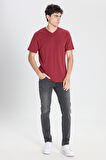 Erkek Bordo Slim Fit Dar Kesim %100 Pamuk V Yaka Kısa Kollu Tişört