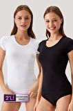 2'li Ekonomik Paket Siyah-beyaz 1026 Yuvarlak Yaka Kisa Kol Basic T-shirt - Atlet