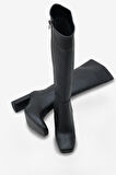 Kadın Fermuarlı Kalın Ökçe Topuklu Çizme İslor Siyah