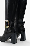 Kadın sivri Burun Yandan Fermuarlı Gold Kemer Tokalı Topuklu Çizme Slord Siyah