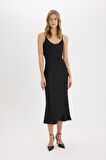 DeFacto Bodycon Vücudu Saran Basic Düz Saten Kolsuz Maxi Siyah Abiye Elbise E7256AX25SPBK81