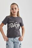 DeFacto Kız Çocuk Slim Fit Dar Kesim Bisiklet Yaka Fitilli Kaşkorse Baskılı Kısa Kollu Tişört B5101A824SMAR148