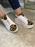 Günlük Kadın Sneaker Bağcıklı Hafif Kalın Yüksek Tabanlı Leopar Detaylı Yürüyüş Spor Ayakkabı 065