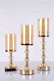 Kristal Taşlı Ayaklı Gold Şamdan Mumluk Kaliteli 3'lü Set -6010