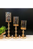 Kristal Taşlı Ayaklı Gold Şamdan Mumluk Kaliteli 3'lü Set -6010